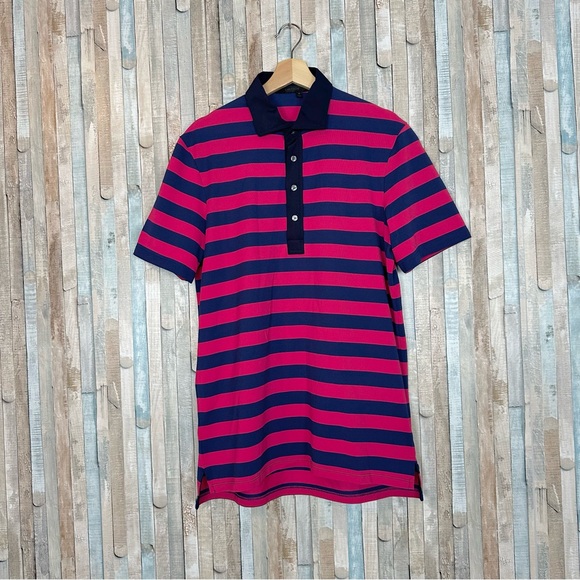 Greyson M Pink & Navy Stripe Pima Cotton Golf Polo Shirt Top Contrast Collar - Picture 3 of 8